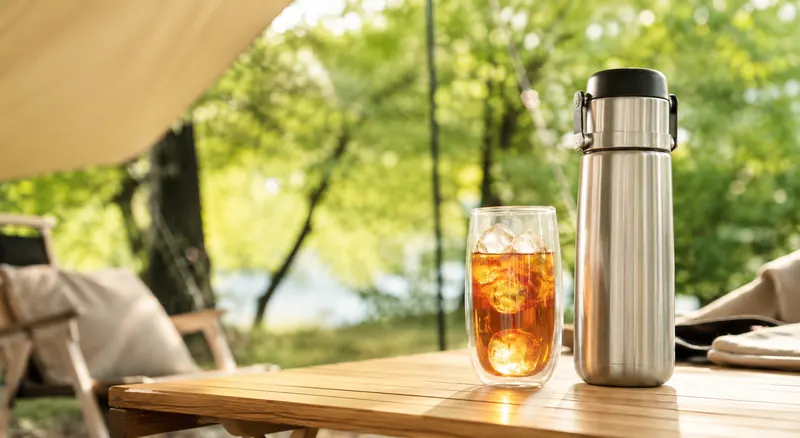 木漏れ日のキャンプテーブルと水出し紅茶